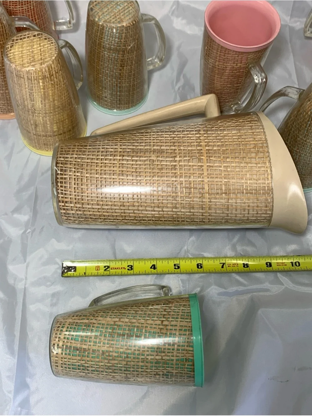 MCM Raffiaware Thermo-Temp Insulated 1 Pitcher 10 Handle Tumblers Burlap VTG
